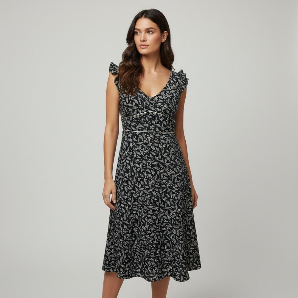 Vintage Weekend Max Mara Silk V-Neck Flutter Sleeve Leaf Midi Dress Black Size 2